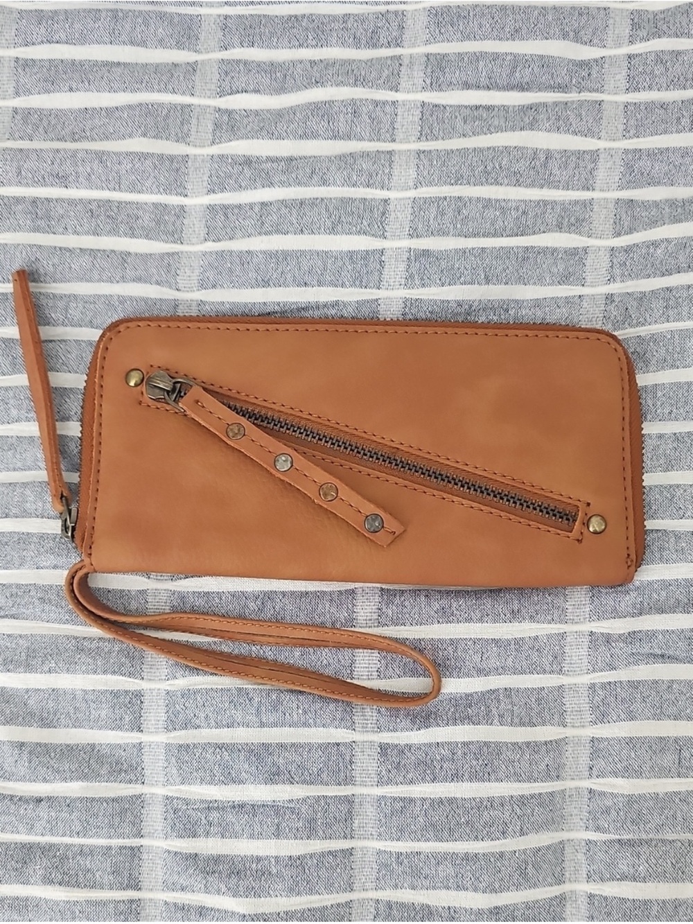 Free People Cognac Brown Distressed Stud Detail Wristlet Continental Wallet NWOT